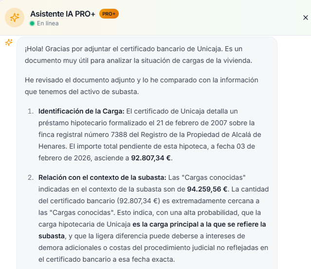 Análisis del certificado: identificación de la hipoteca de Unicaja, importe pendiente y cruce con las cargas conocidas de la subasta