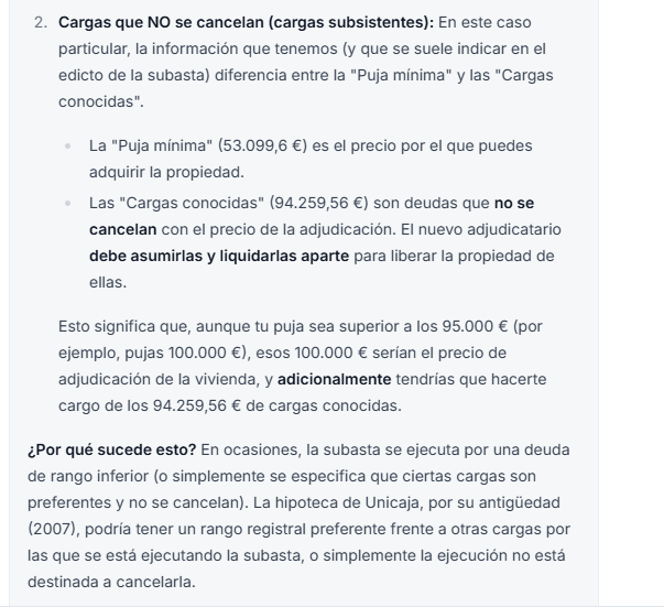 Explicación de cargas subsistentes: la hipoteca de Unicaja no se cancela con la adjudicación, debe asumirse por separado