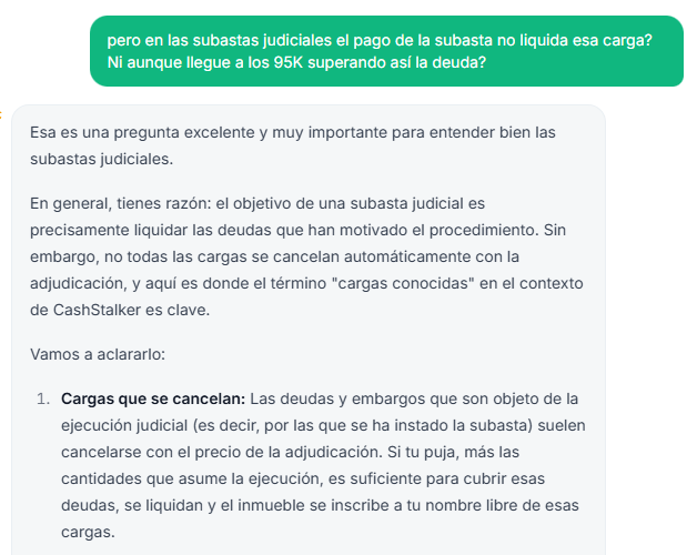 El usuario repregunta sobre la cancelación de cargas. El asistente distingue entre cargas que se cancelan y cargas subsistentes