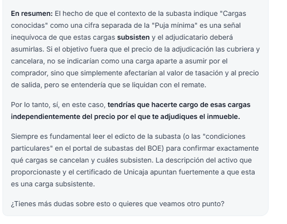 Resumen final: confirmación de que las cargas subsisten, recomendación de revisar el edicto y ofrecimiento de seguir ayudando