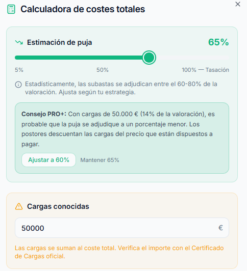 Con cargas de 50.000 €, la calculadora PRO+ recomienda ajustar la estimación de puja al 60%
