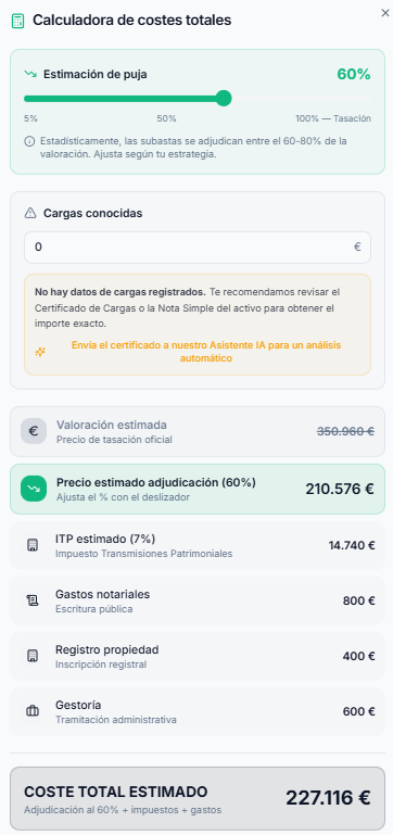 Calculadora de costes totales: estimación de puja, desglose de impuestos, notaría, registro y coste total estimado