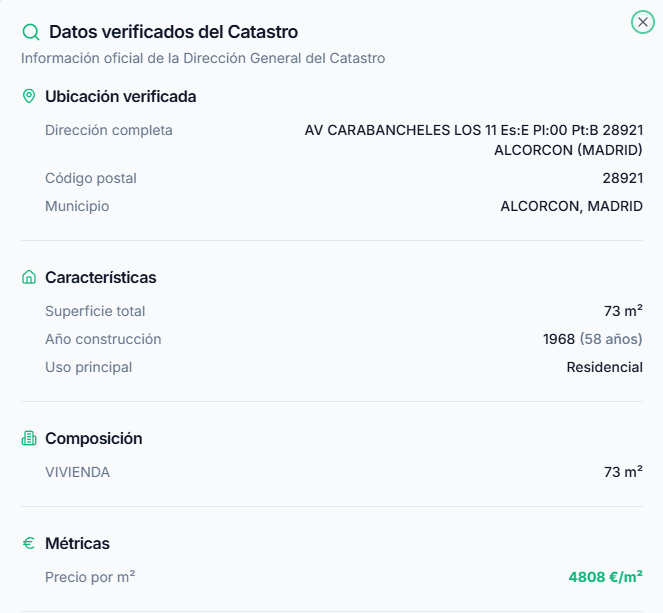 Datos verificados del Catastro: dirección, superficie, año de construcción, precio por m² y más