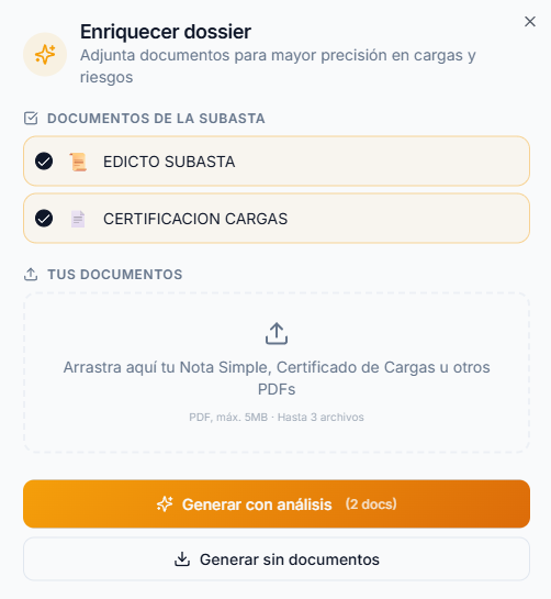 Diálogo de enriquecimiento: selección de documentos oficiales del BOE y subida de PDFs propios