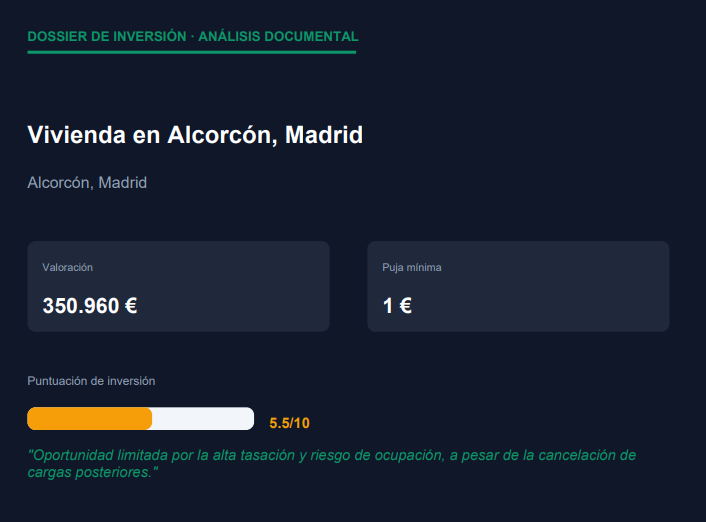 Portada del dossier: título del activo, valoración, puja mínima, puntuación de inversión 5.5/10 y veredicto