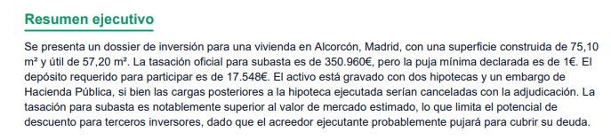 Resumen ejecutivo: cifras clave, descuento sobre tasación, cargas detectadas y primera evaluación